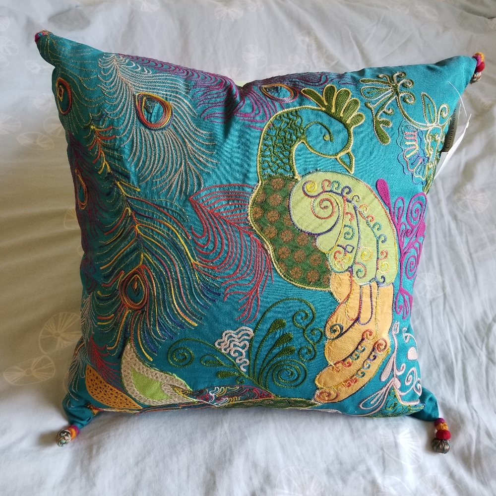 Cuddledown Peacock Embroidered Decorative Pillow